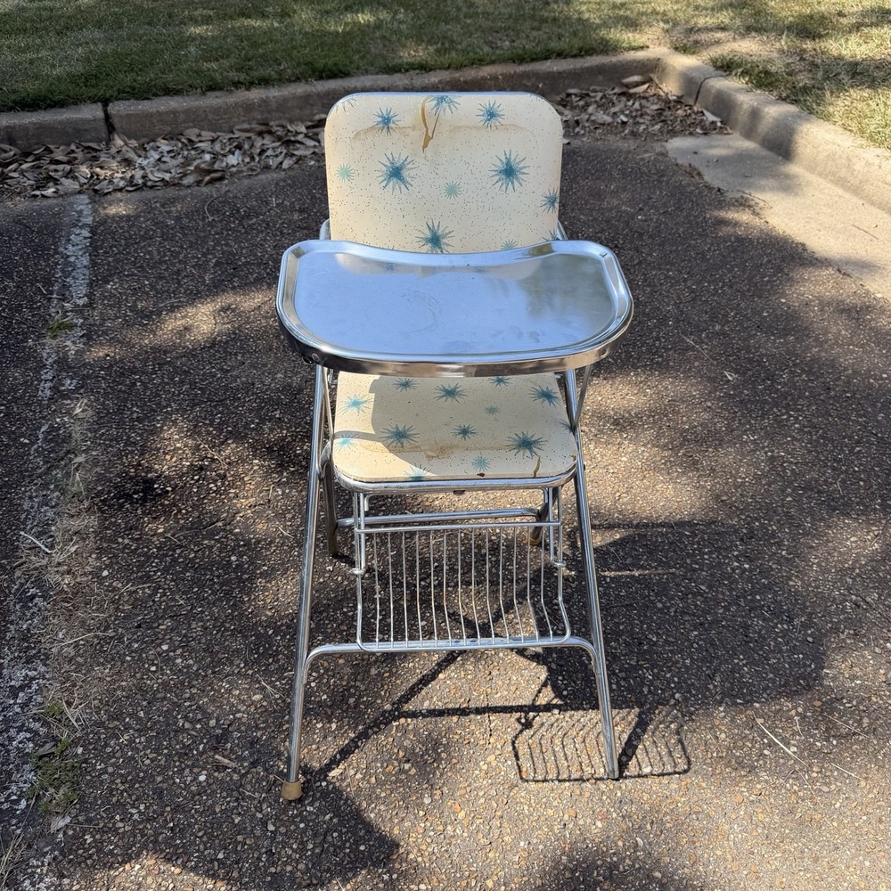 Vintage Baby High Chair Mid Century Modern Metal Chrome Atomic Folding Costco